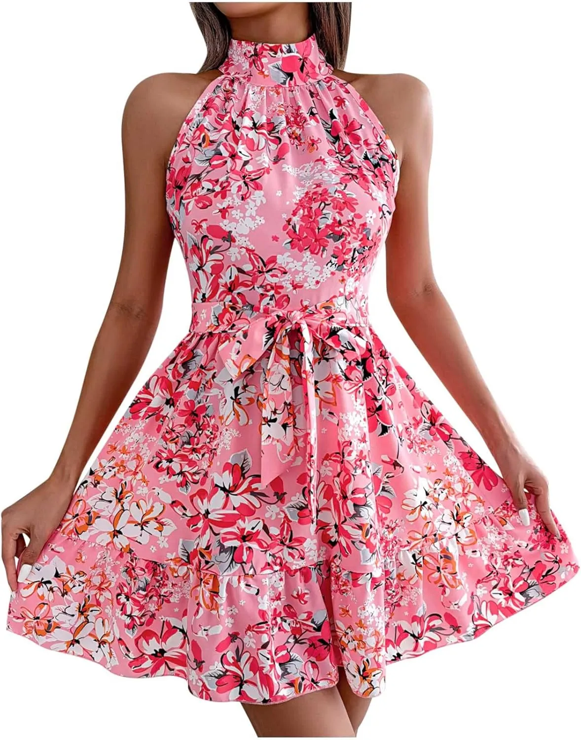 Womens Floral Mini Dress Boho Summer Swing Trendy Ruffle Sleeveless Sexy Flutter Flowy Beach Vacation Sundresses