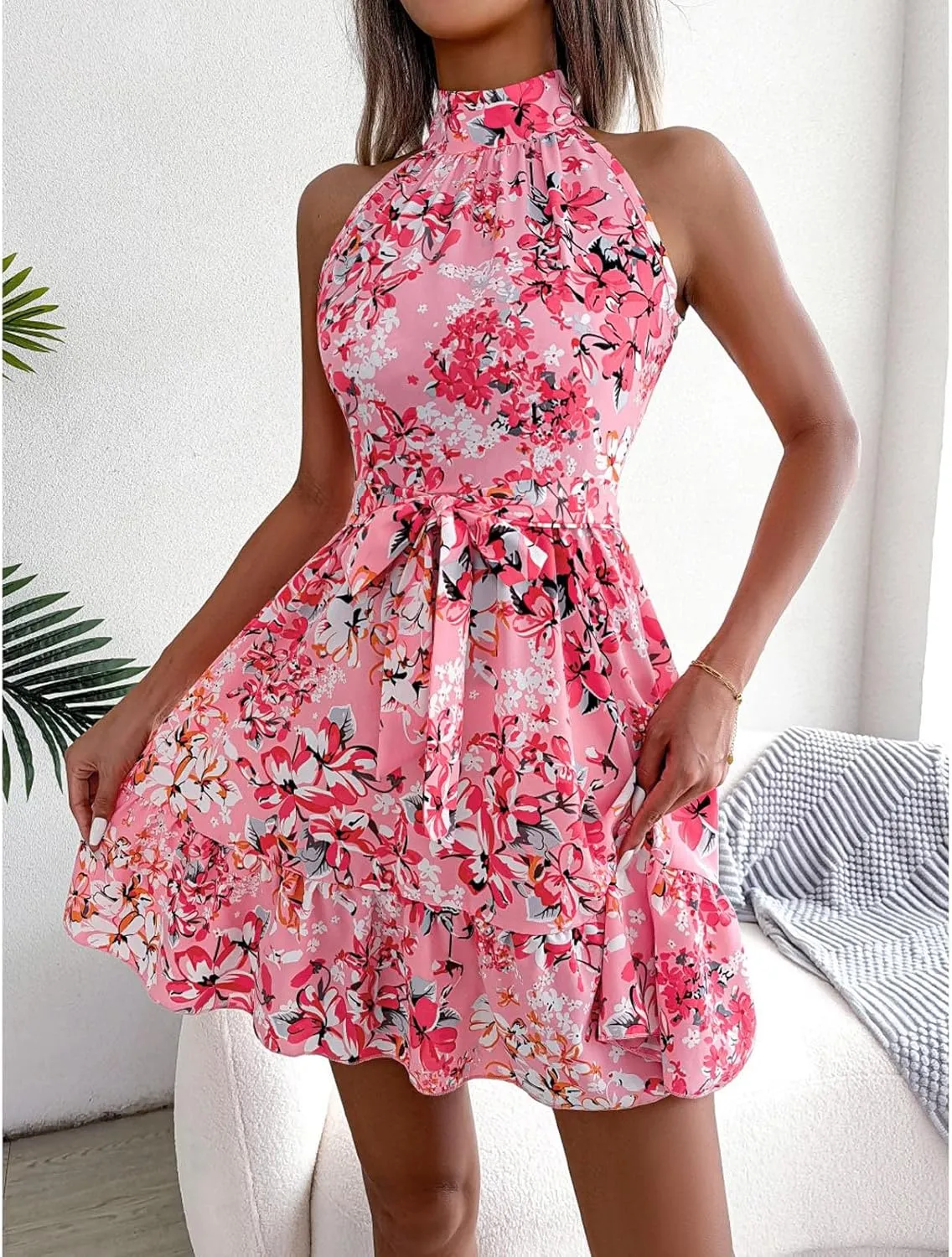 Womens Floral Mini Dress Boho Summer Swing Trendy Ruffle Sleeveless Sexy Flutter Flowy Beach Vacation Sundresses