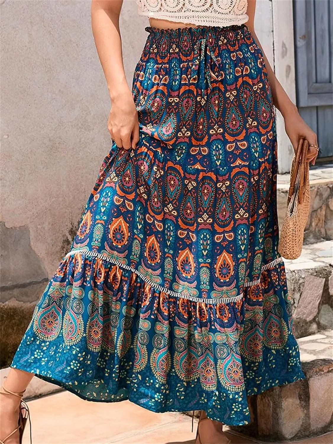 Womens Floral Print Boho Maxi Skirt Casual Elastic High Waist Skirts Pleated Ruffle Flowy Skirts Long Beach Skirt