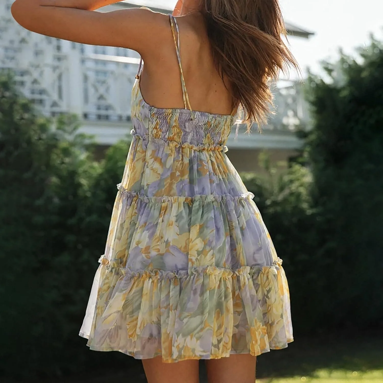 Womens Hot Shot Mini Dress Summer Spaghetti Strap Skater Dress Sexy Sleeveless Ruffle Flowy Swing Tiered Floral Dress