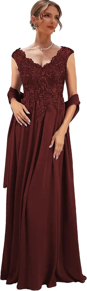 Women's Long Mother of The Bride Dresses for Wedding Lace Chiffon Formal Dress with Shawl V Neck Evening Gown