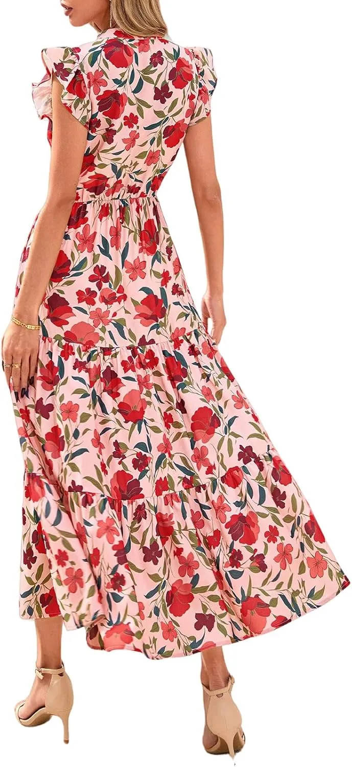 Womens Midi Dress Summer Floral V Neck Cap Sleeve A Line Ruffle Dress Boho Casual Flowy Beach Vacation Long Dresses