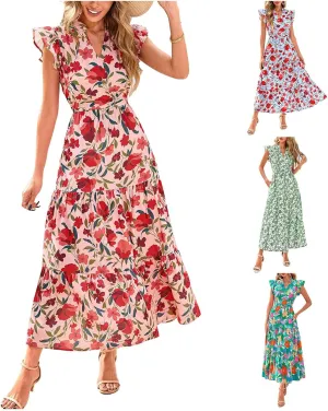 Womens Midi Dress Summer Floral V Neck Cap Sleeve A Line Ruffle Dress Boho Casual Flowy Beach Vacation Long Dresses