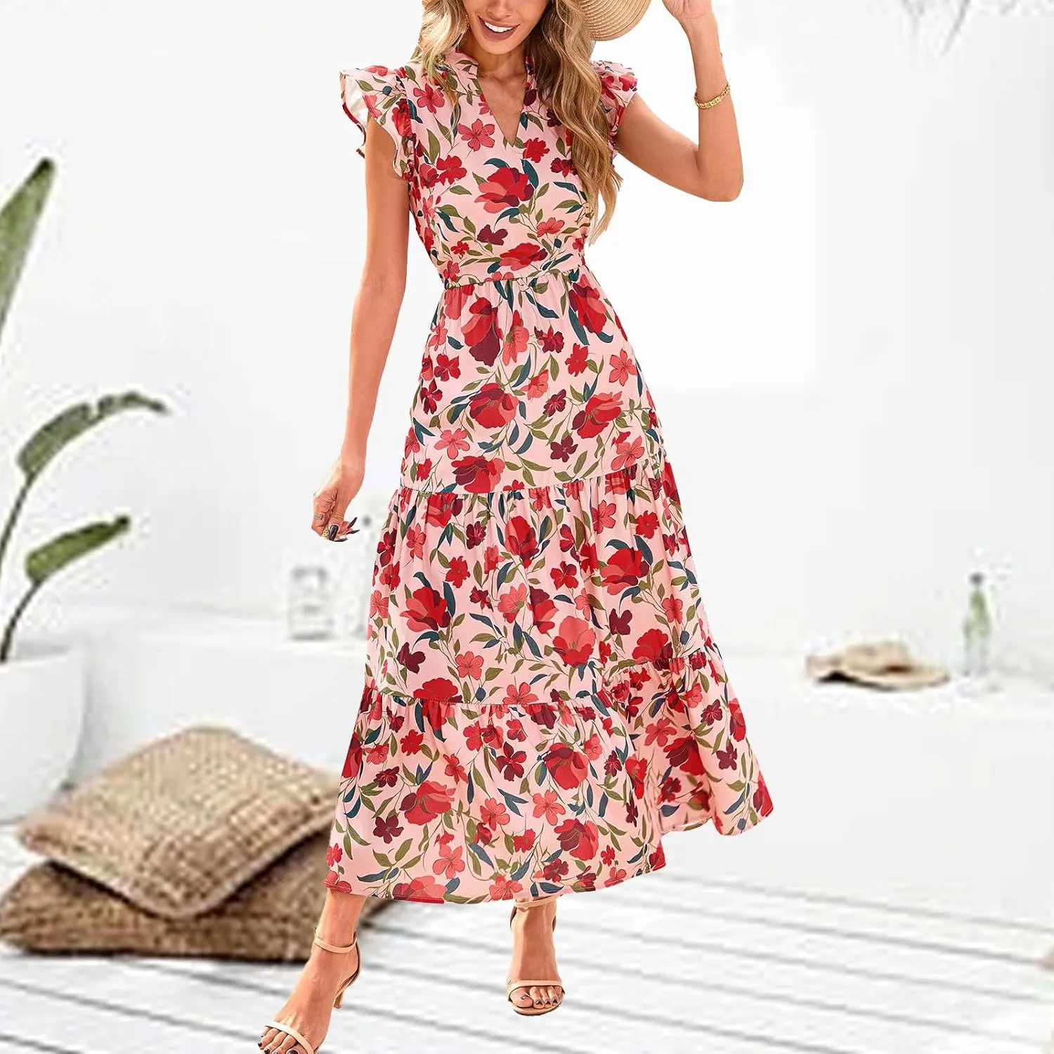 Womens Midi Dress Summer Floral V Neck Cap Sleeve A Line Ruffle Dress Boho Casual Flowy Beach Vacation Long Dresses