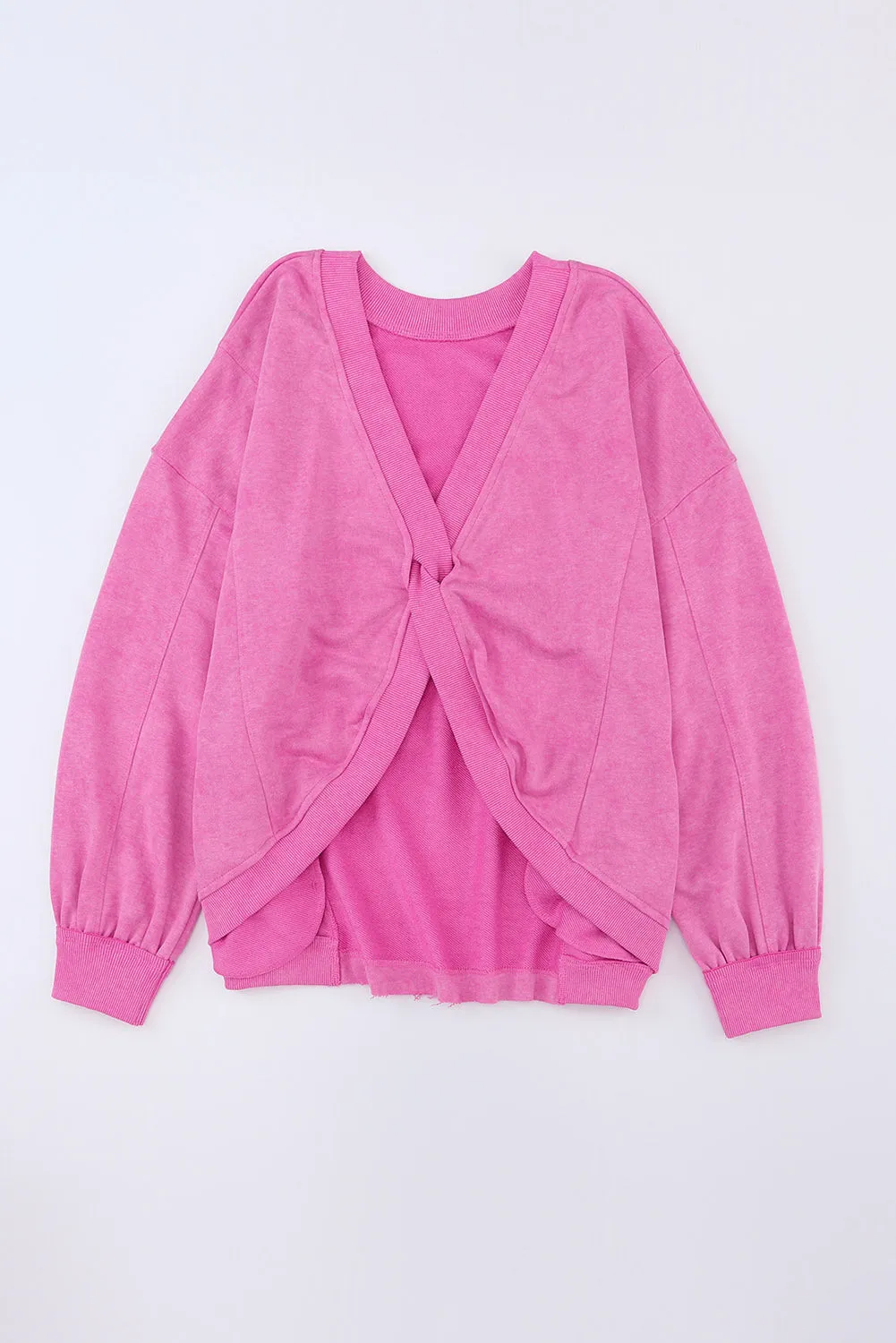 Womens Pink Fashion Sweater Exposed Seam Twist Open Back Oversized Sweatshirt