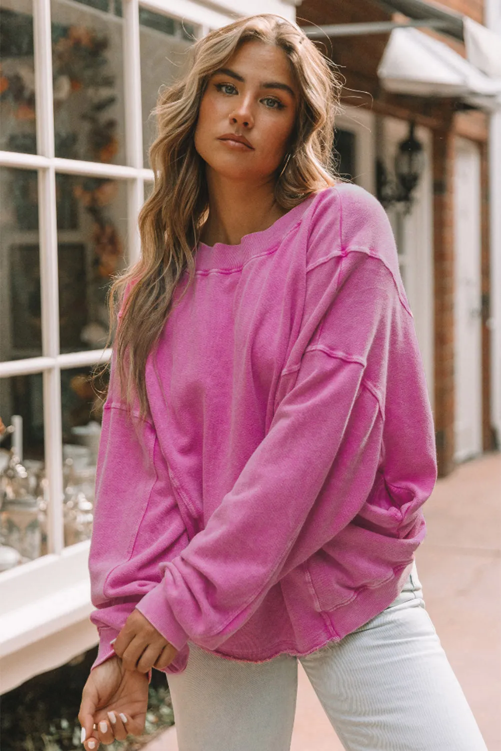 Womens Pink Fashion Sweater Exposed Seam Twist Open Back Oversized Sweatshirt