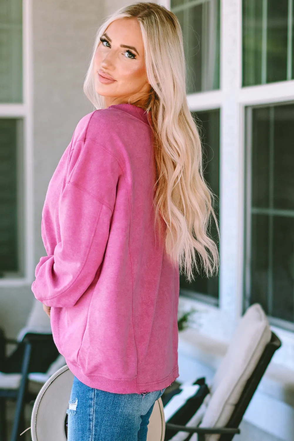 Womens Pink Fashion Sweater Exposed Seam Twist Open Back Oversized Sweatshirt