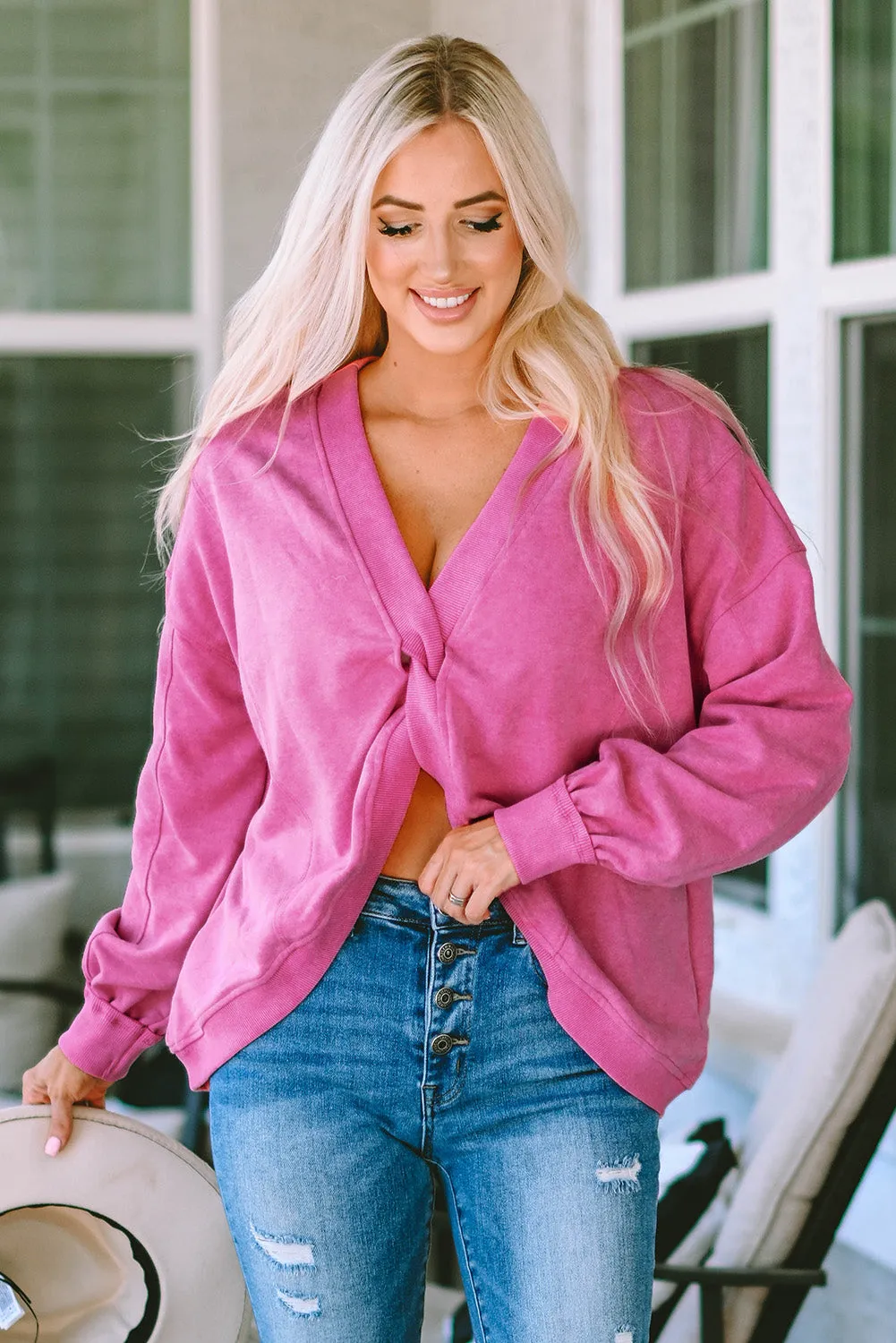 Womens Pink Fashion Sweater Exposed Seam Twist Open Back Oversized Sweatshirt