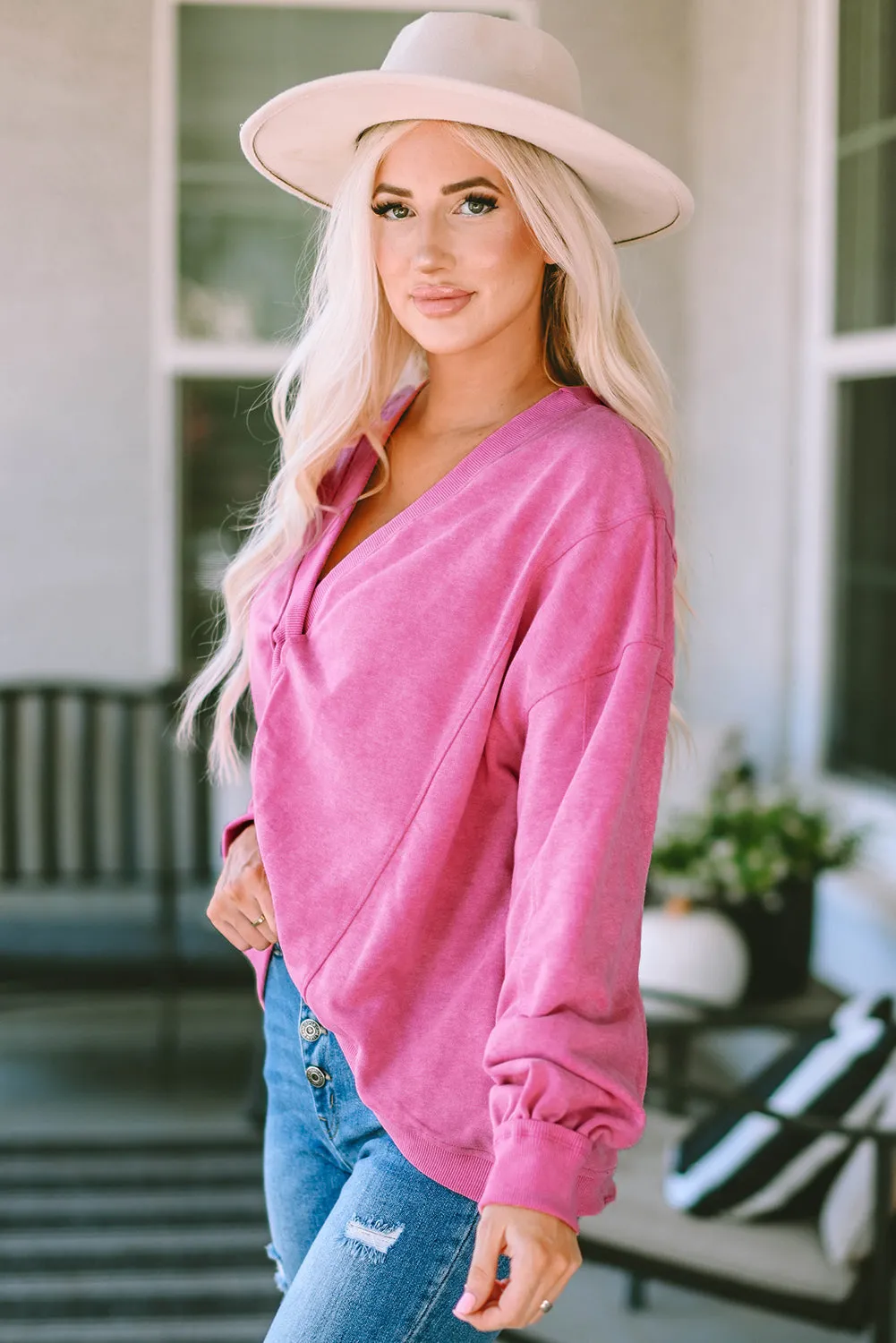 Womens Pink Fashion Sweater Exposed Seam Twist Open Back Oversized Sweatshirt