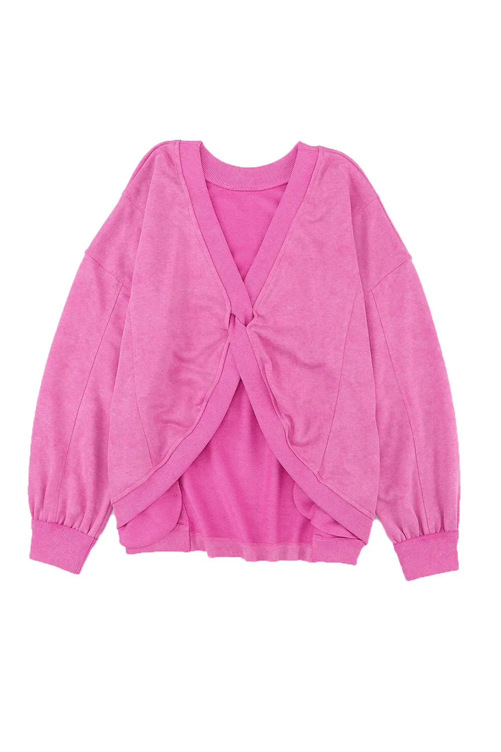 Womens Pink Fashion Sweater Exposed Seam Twist Open Back Oversized Sweatshirt