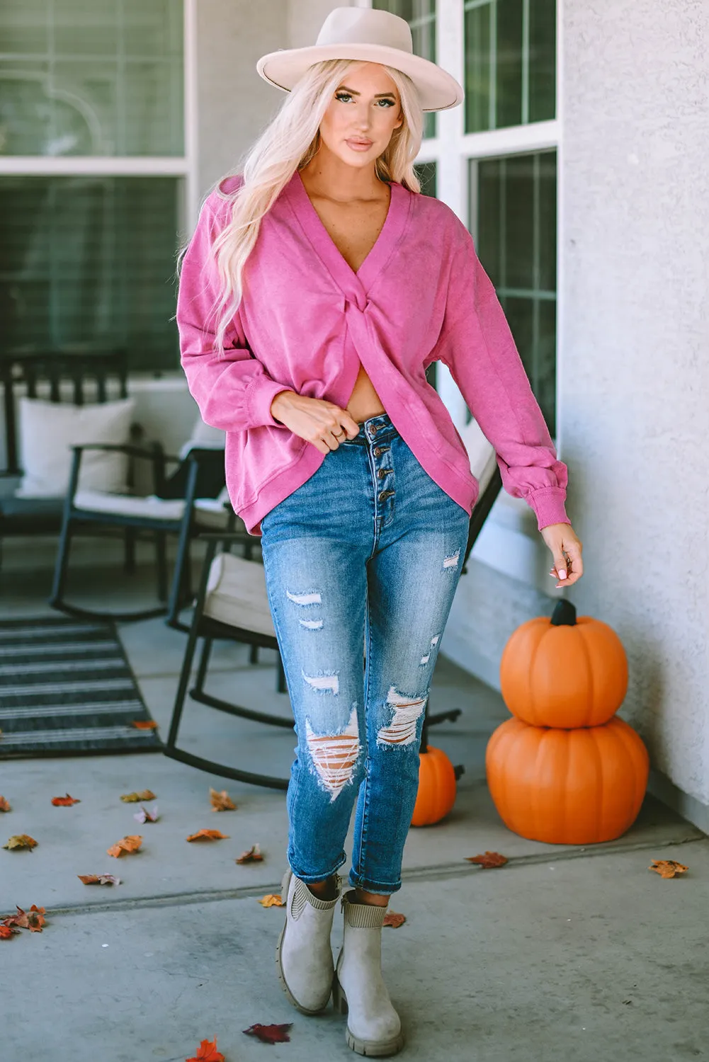 Womens Pink Fashion Sweater Exposed Seam Twist Open Back Oversized Sweatshirt