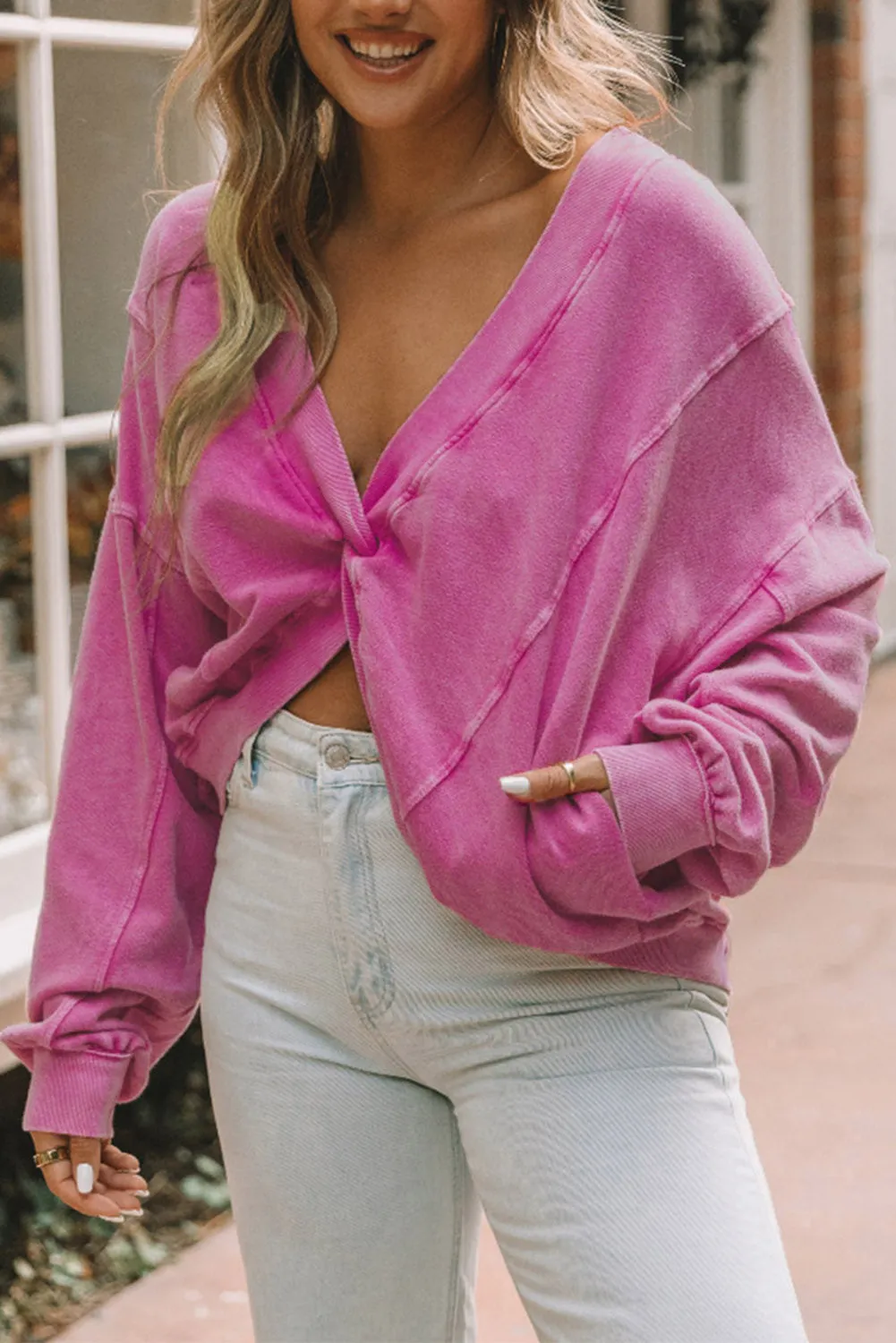 Womens Pink Fashion Sweater Exposed Seam Twist Open Back Oversized Sweatshirt