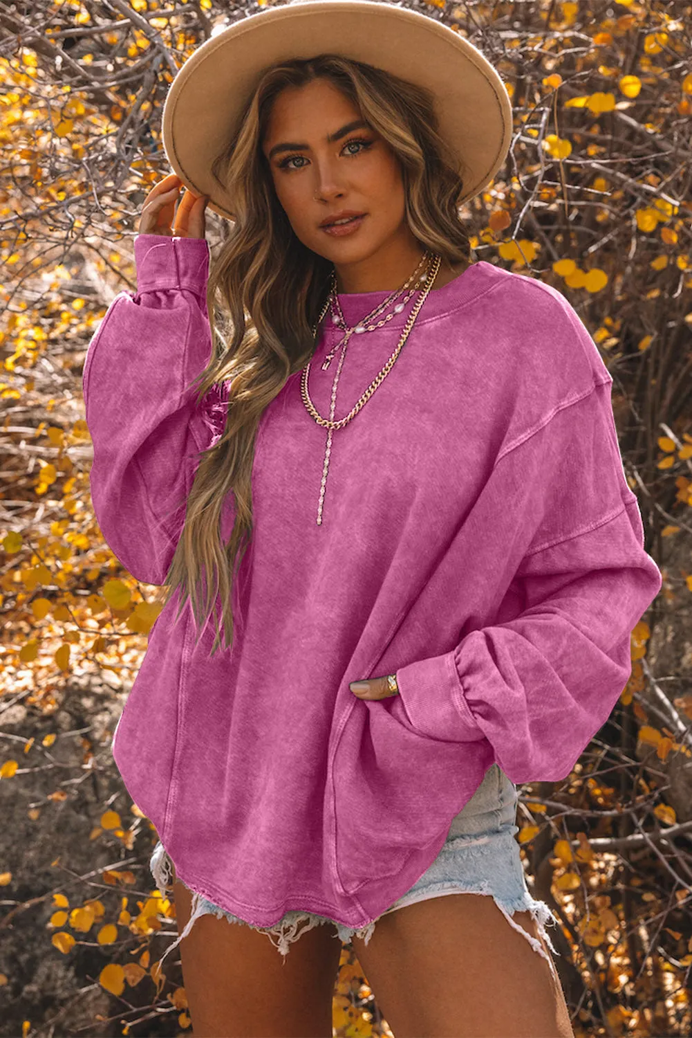 Womens Pink Fashion Sweater Exposed Seam Twist Open Back Oversized Sweatshirt
