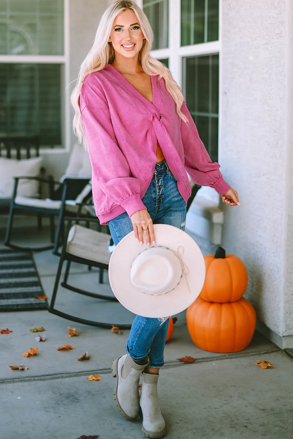 Womens Pink Fashion Sweater Exposed Seam Twist Open Back Oversized Sweatshirt