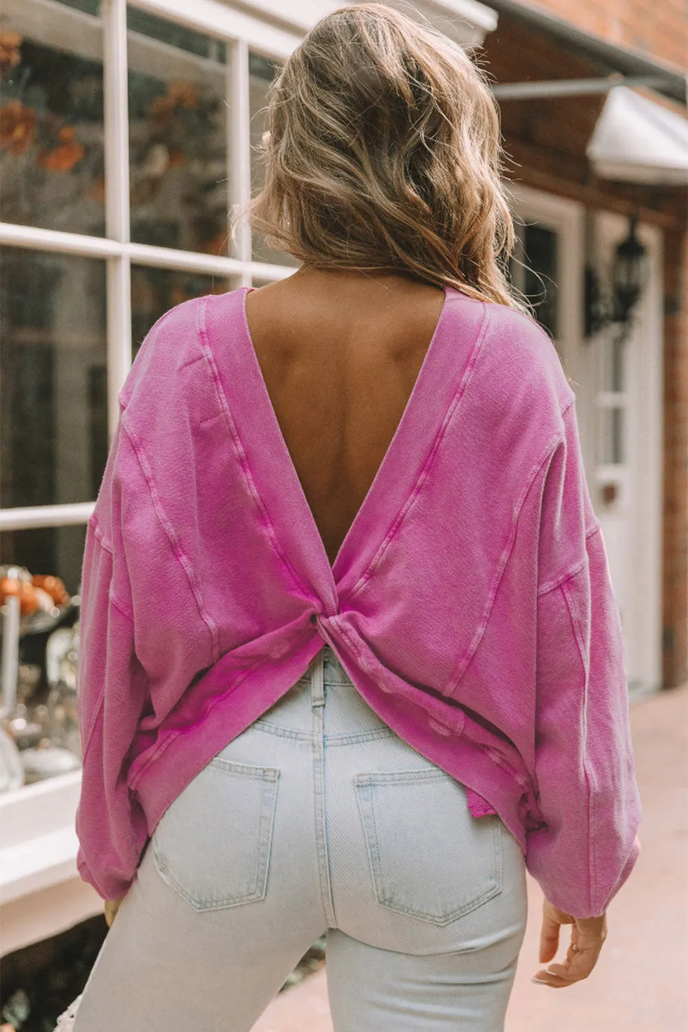 Womens Pink Fashion Sweater Exposed Seam Twist Open Back Oversized Sweatshirt