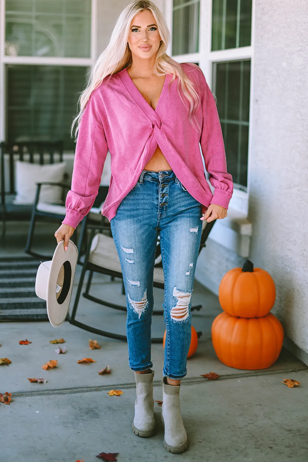 Womens Pink Fashion Sweater Exposed Seam Twist Open Back Oversized Sweatshirt