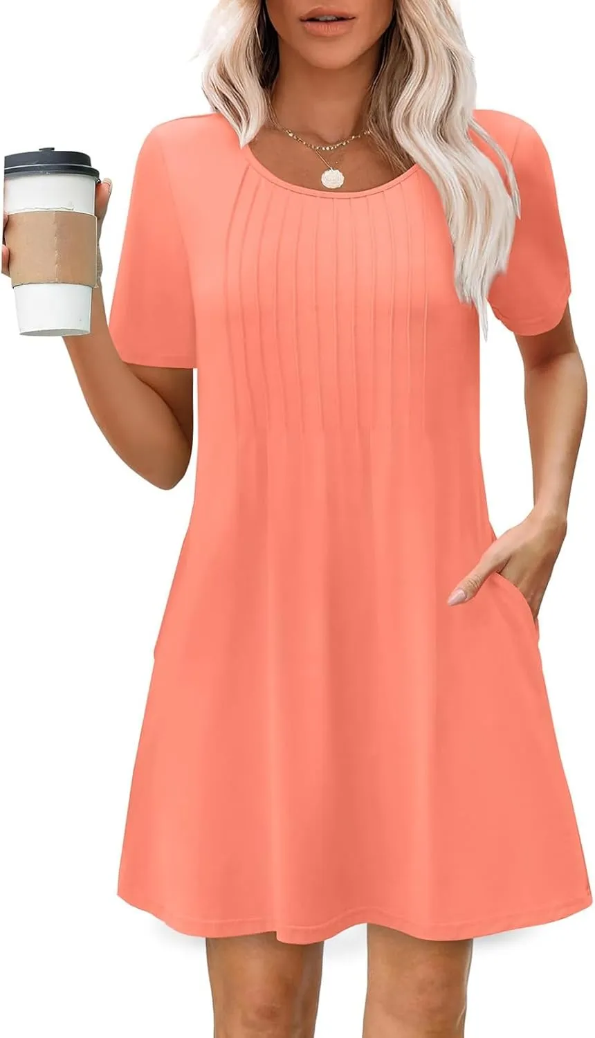 Womens Pleated Front T Shirt Dresses Short Sleeve Crewneck Mini a Line Dress Cute Summer Casual Beach Dresses Pockets