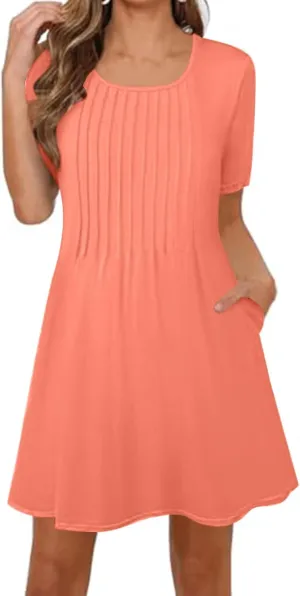 Womens Pleated Front T Shirt Dresses Short Sleeve Crewneck Mini a Line Dress Cute Summer Casual Beach Dresses Pockets