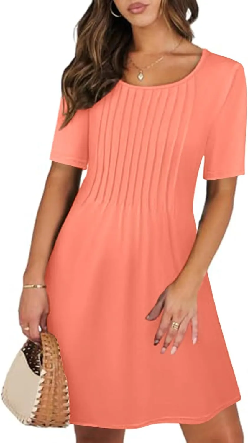 Womens Pleated Front T Shirt Dresses Short Sleeve Crewneck Mini a Line Dress Cute Summer Casual Beach Dresses Pockets