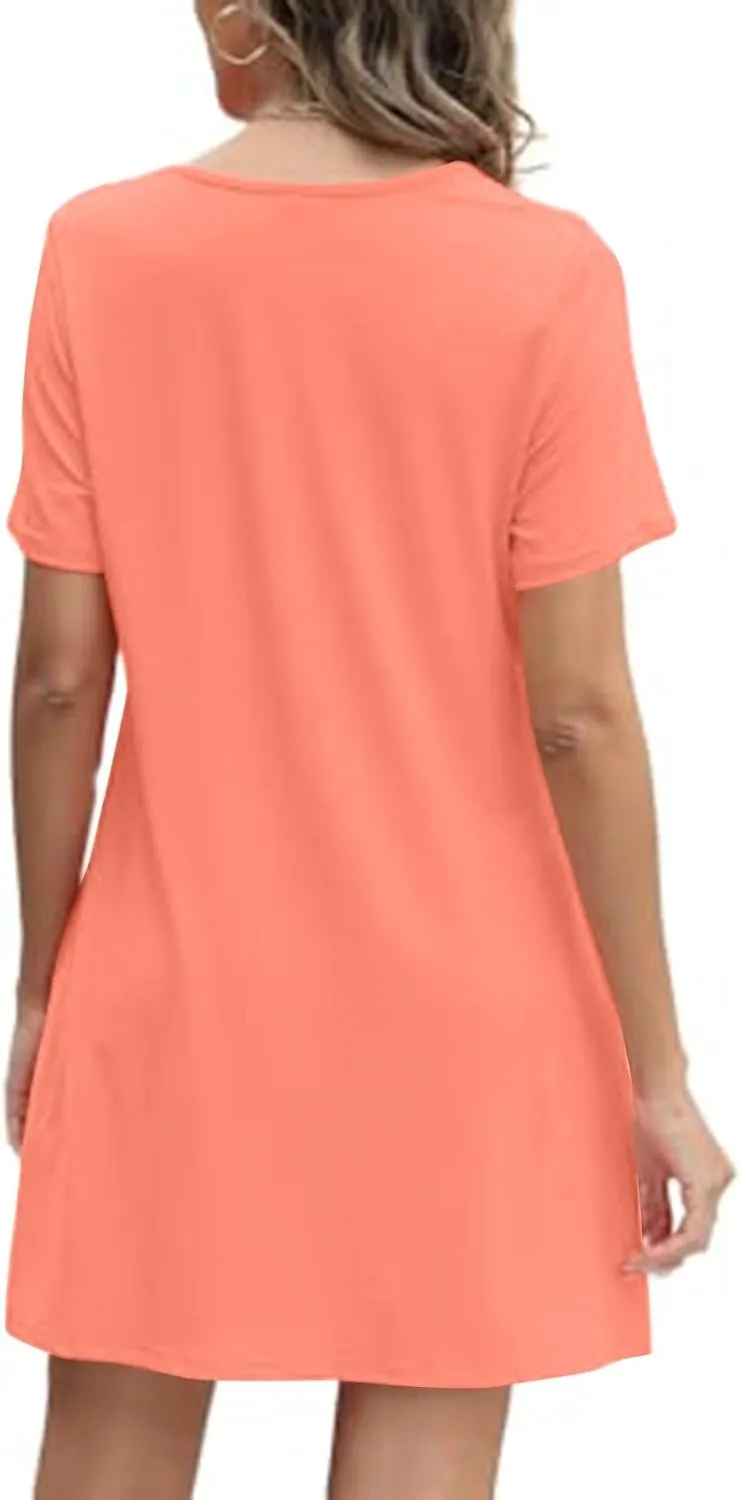 Womens Pleated Front T Shirt Dresses Short Sleeve Crewneck Mini a Line Dress Cute Summer Casual Beach Dresses Pockets