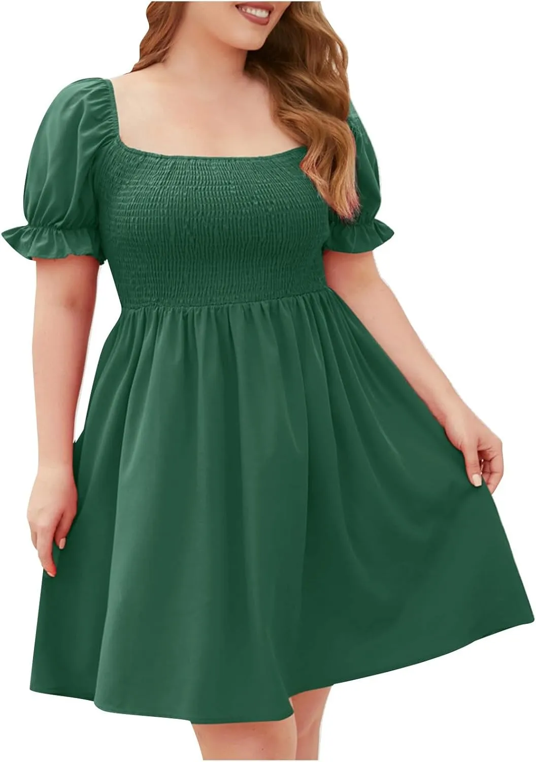 Women's Plus Size Summer Dress Puff Short Sleeve Square Neck Mini Dress High Waist Ruffle Hem A Line Short Dresses