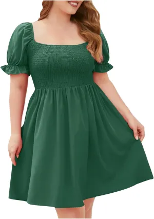 Women's Plus Size Summer Dress Puff Short Sleeve Square Neck Mini Dress High Waist Ruffle Hem A Line Short Dresses
