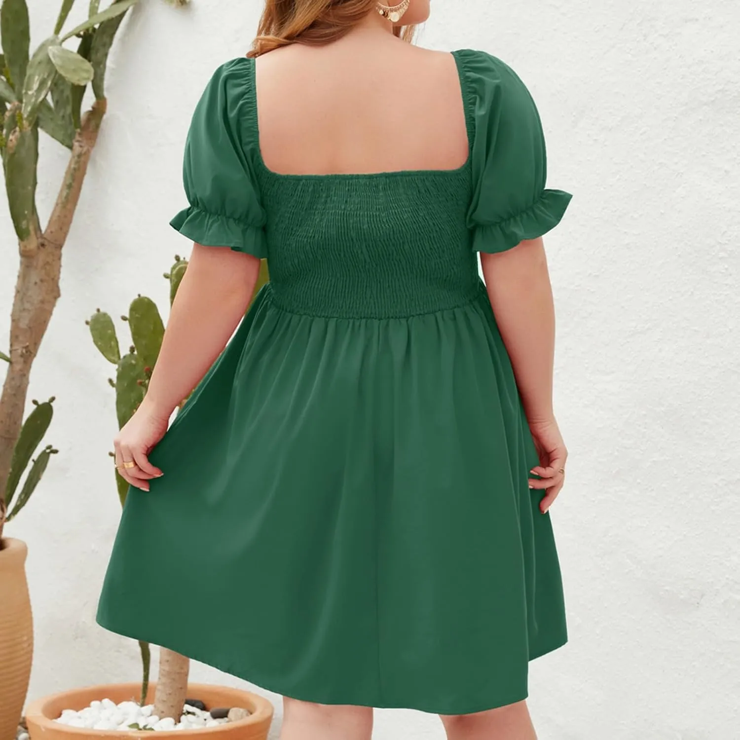 Women's Plus Size Summer Dress Puff Short Sleeve Square Neck Mini Dress High Waist Ruffle Hem A Line Short Dresses