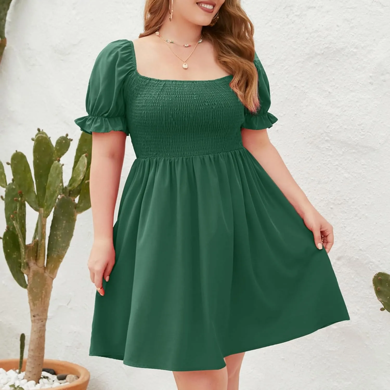Women's Plus Size Summer Dress Puff Short Sleeve Square Neck Mini Dress High Waist Ruffle Hem A Line Short Dresses