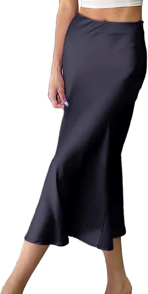 Women's Satin High Waisted Maxi Skirts Hidden Zipper Waistband A Line Long Skirt Evening Dress Long Skirts
