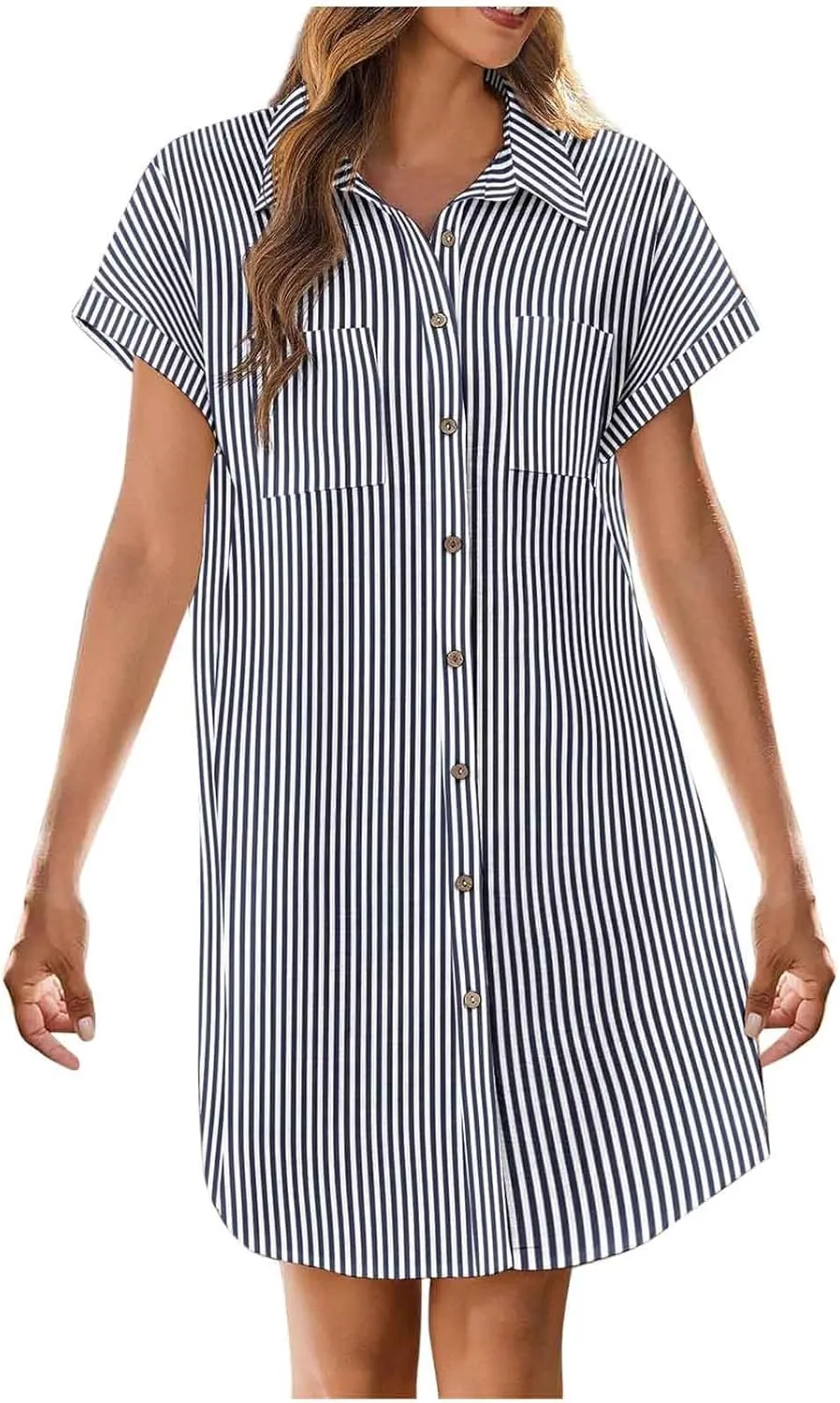 Womens Striped Mini Dress Short Sleeve Button V Neck Loose Dresses Summer Casual Loose Fit T Shirt with Pockets