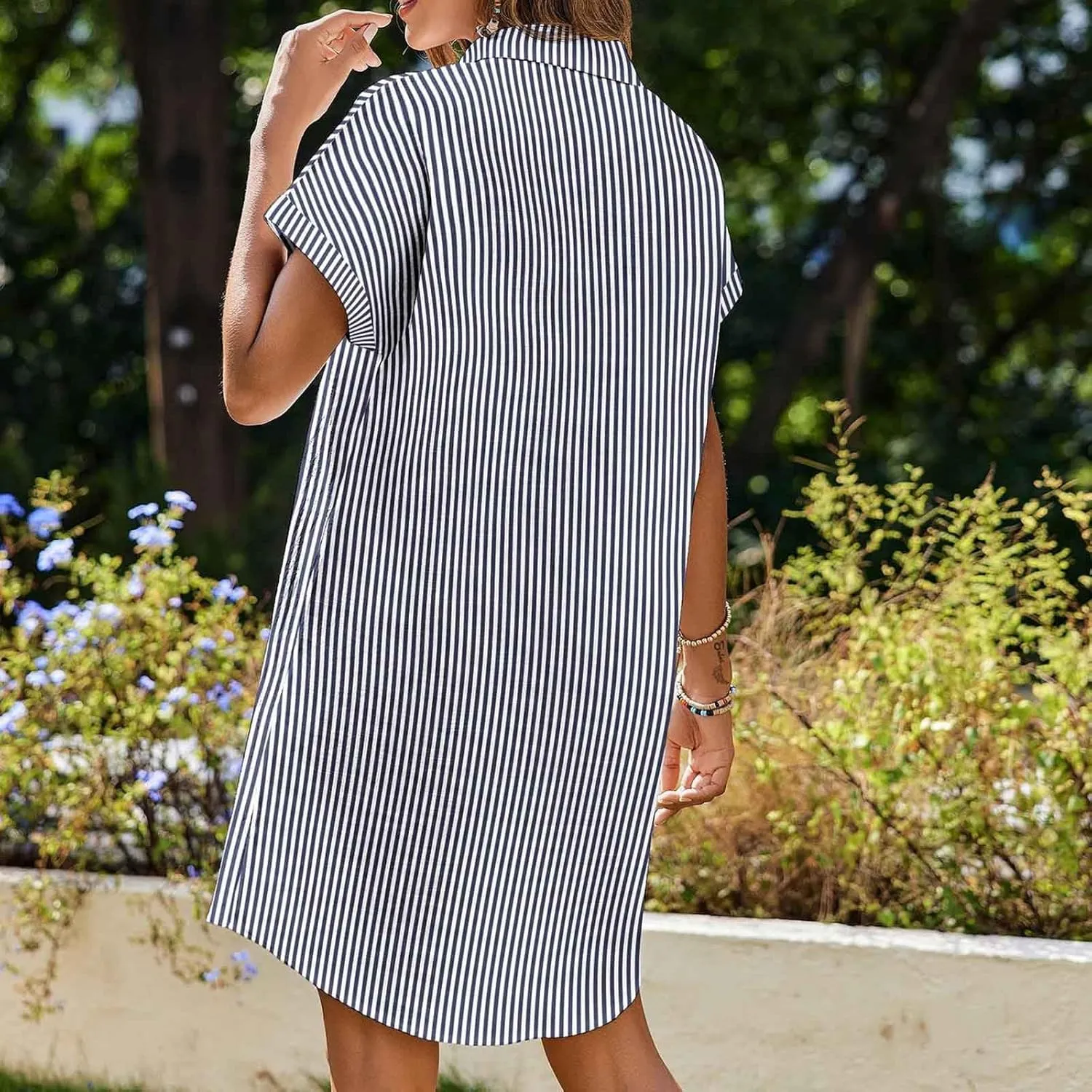 Womens Striped Mini Dress Short Sleeve Button V Neck Loose Dresses Summer Casual Loose Fit T Shirt with Pockets