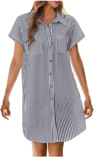Womens Striped Mini Dress Short Sleeve Button V Neck Loose Dresses Summer Casual Loose Fit T Shirt with Pockets