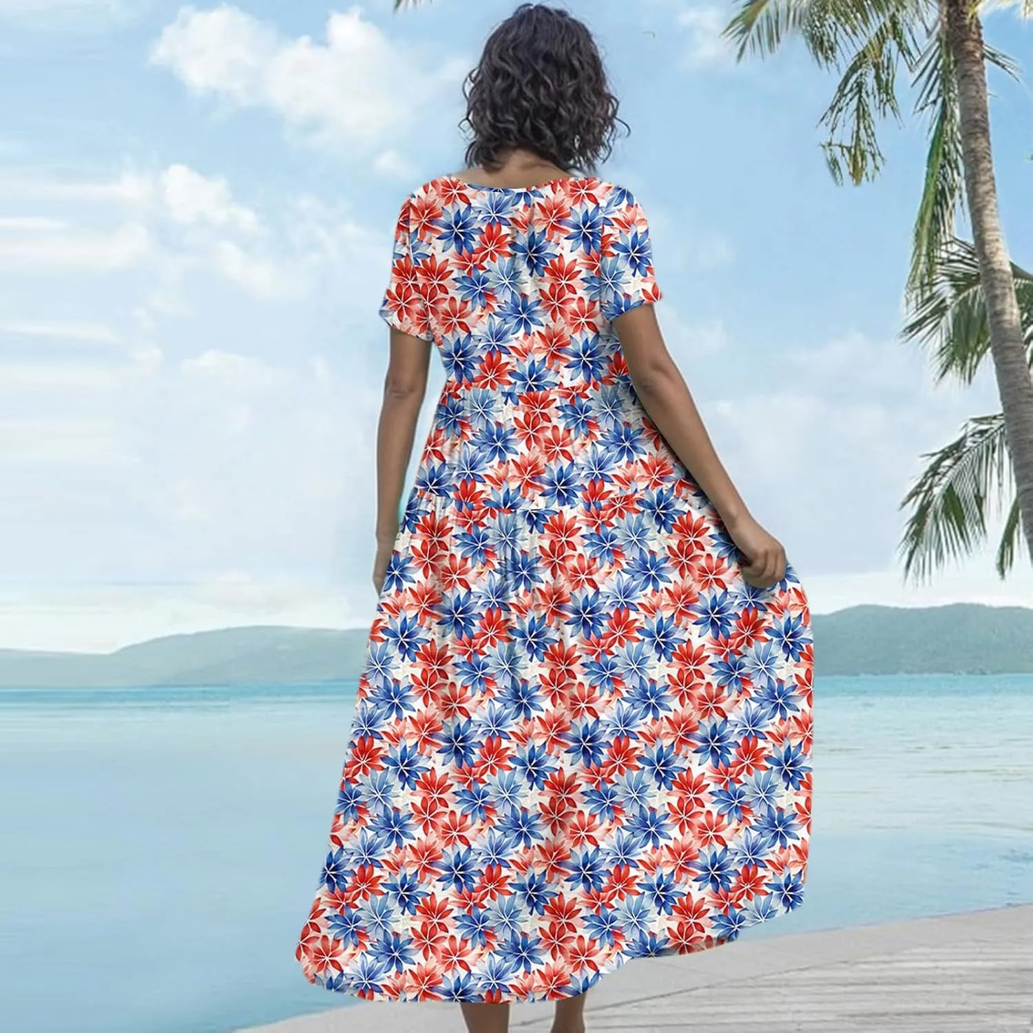 Women's Summer Bohemian Floral Pattern A Line Short Sleeve High Neck Strapless Pleated Swing Vacation Midi Dresses