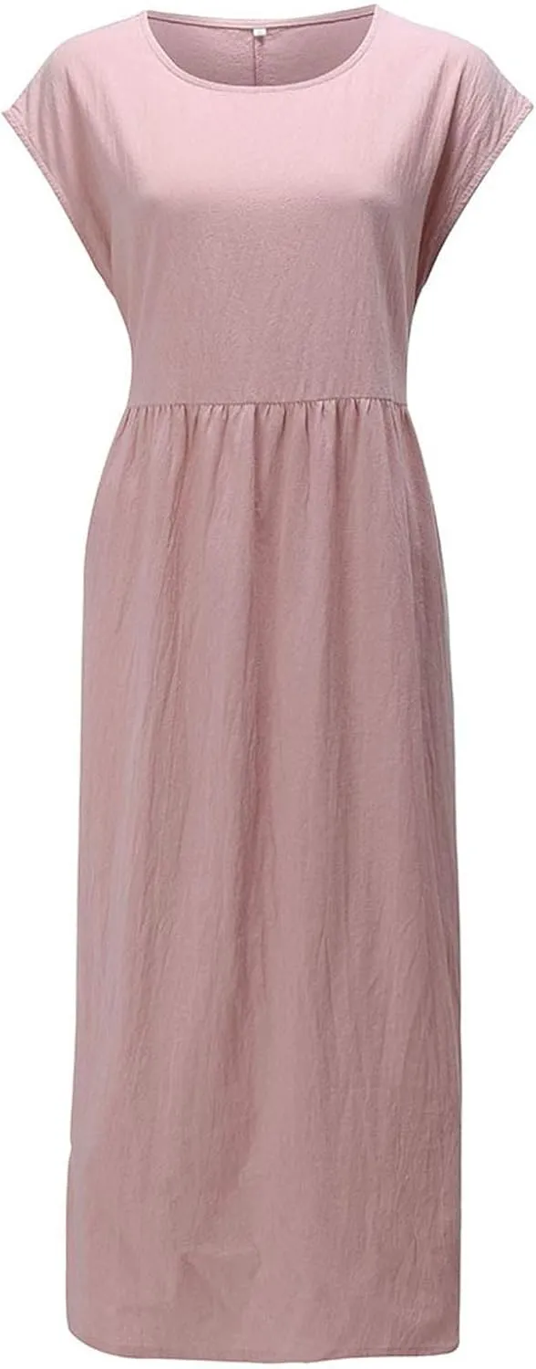 Women's Summer Cotton Linen Shirt Dress Short Sleeve Flowy Long Maxi Dresses Plus Size Vocation Party Dress