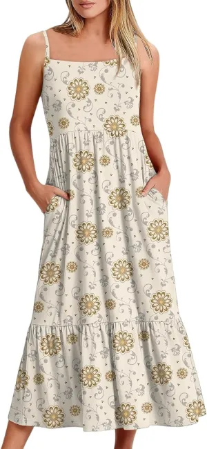 Women's Summer Dress 2025 Boho Midi Dresses Casual Floral Sleeveless Spaghetti Strap Square Neck Ruffle Long Beach Sundresses
