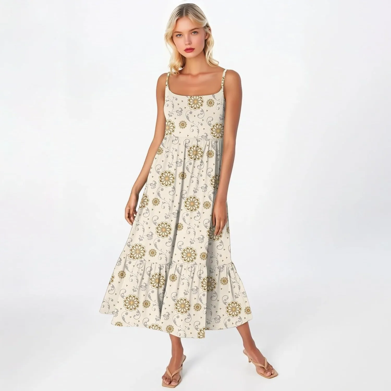Women's Summer Dress 2025 Boho Midi Dresses Casual Floral Sleeveless Spaghetti Strap Square Neck Ruffle Long Beach Sundresses