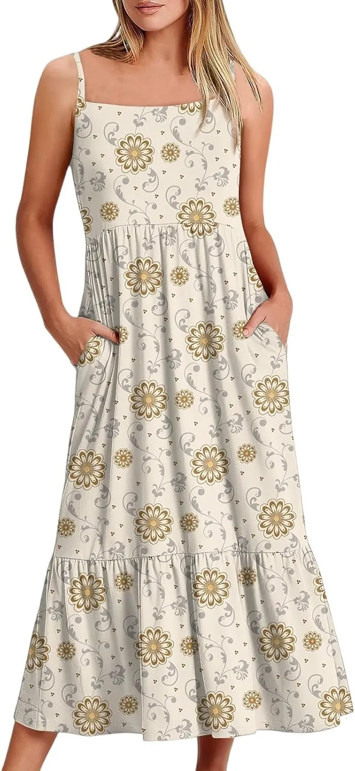 Women's Summer Dress 2025 Boho Midi Dresses Casual Floral Sleeveless Spaghetti Strap Square Neck Ruffle Long Beach Sundresses