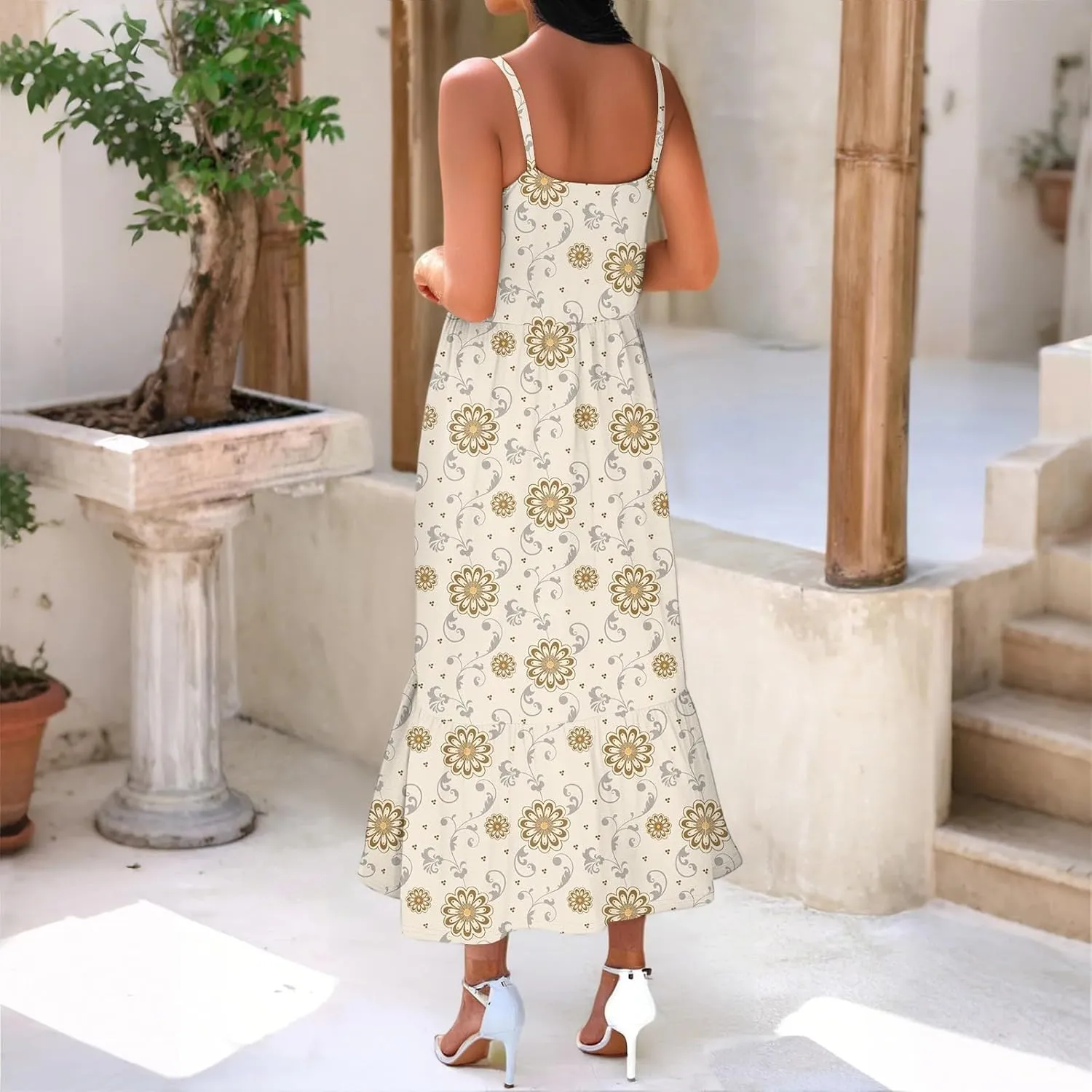 Women's Summer Dress 2025 Boho Midi Dresses Casual Floral Sleeveless Spaghetti Strap Square Neck Ruffle Long Beach Sundresses