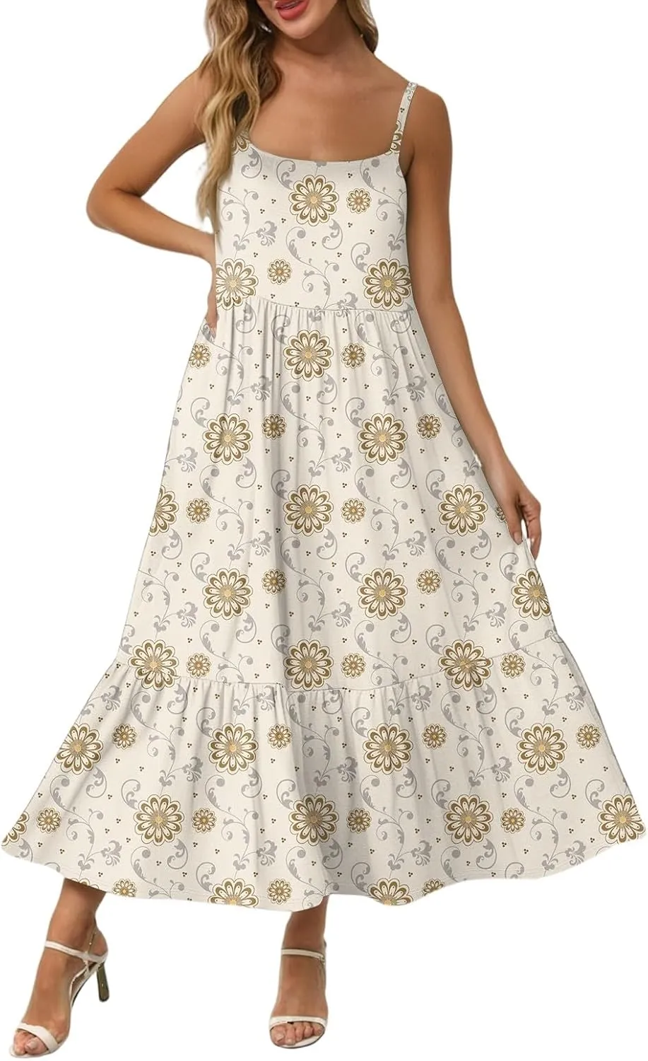 Women's Summer Dress 2025 Boho Midi Dresses Casual Floral Sleeveless Spaghetti Strap Square Neck Ruffle Long Beach Sundresses