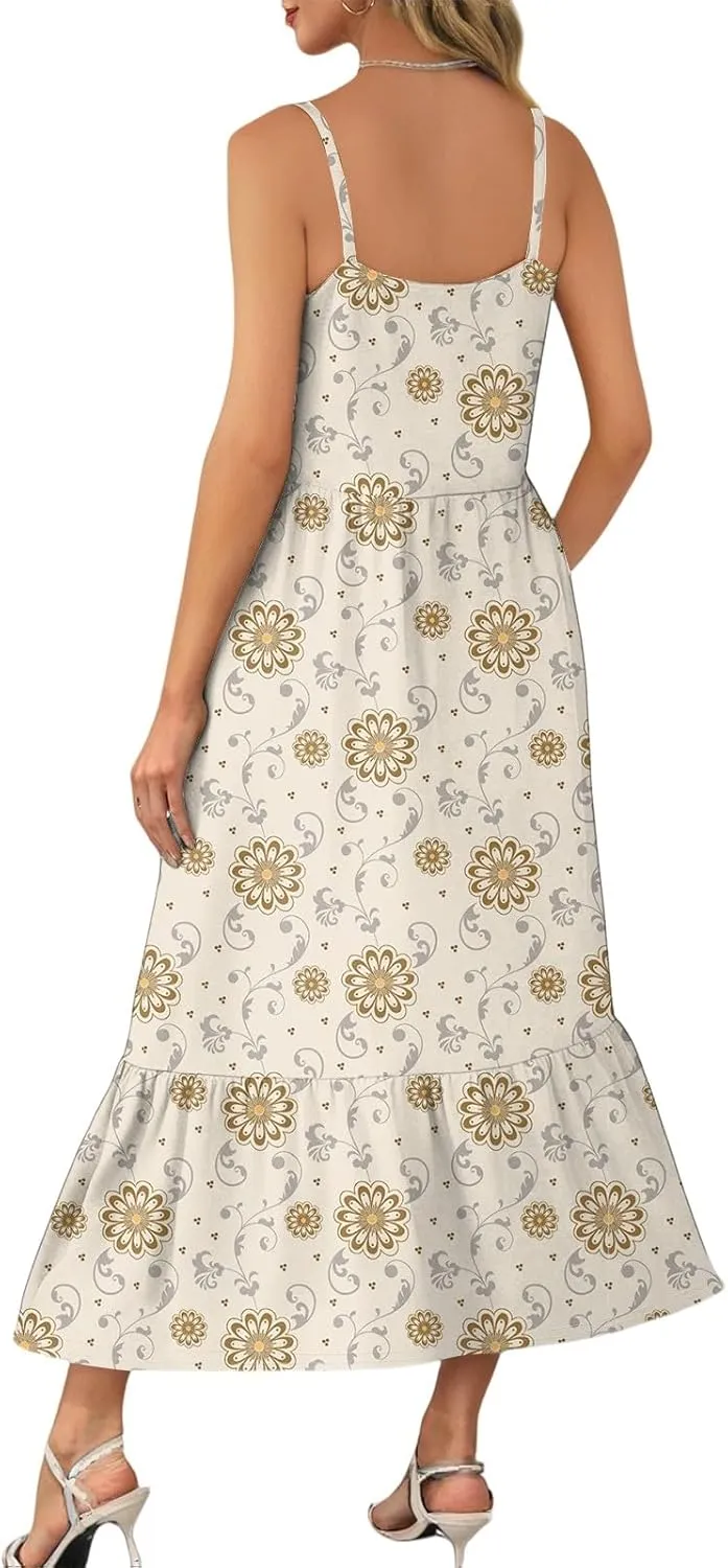 Women's Summer Dress 2025 Boho Midi Dresses Casual Floral Sleeveless Spaghetti Strap Square Neck Ruffle Long Beach Sundresses