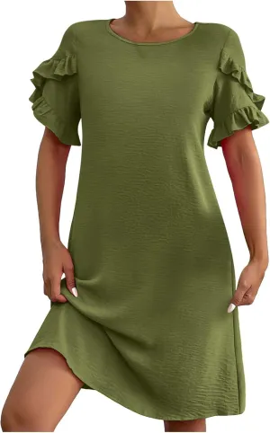 Womens Summer Dresses Trendy Ruffle Edge Short Sleeve Boho Mini Dress Elegant Crewneck Party Club Mini Dress 2024