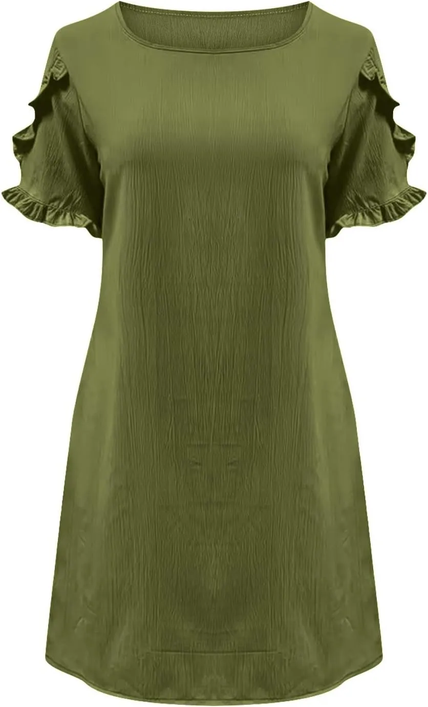 Womens Summer Dresses Trendy Ruffle Edge Short Sleeve Boho Mini Dress Elegant Crewneck Party Club Mini Dress 2024