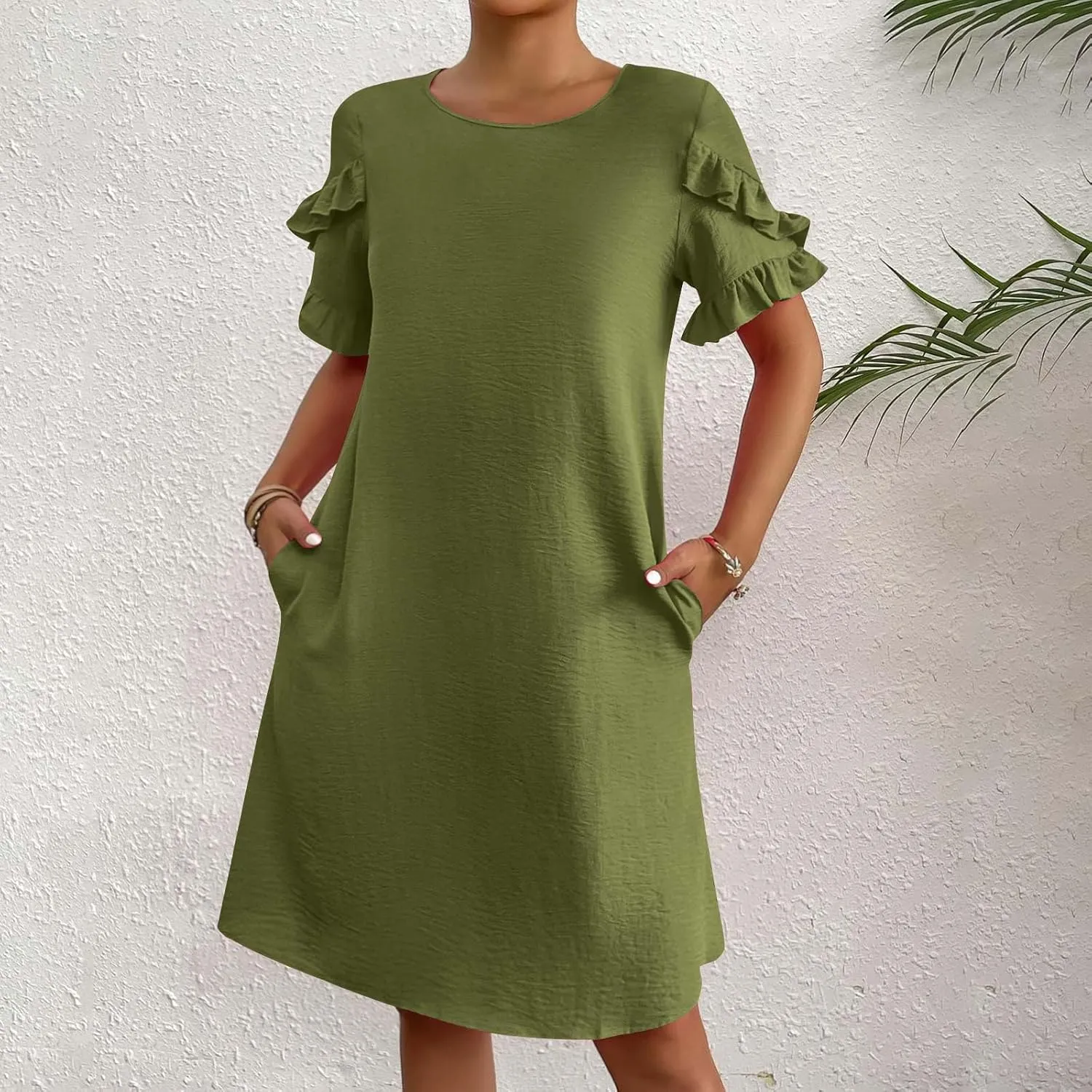 Womens Summer Dresses Trendy Ruffle Edge Short Sleeve Boho Mini Dress Elegant Crewneck Party Club Mini Dress 2024