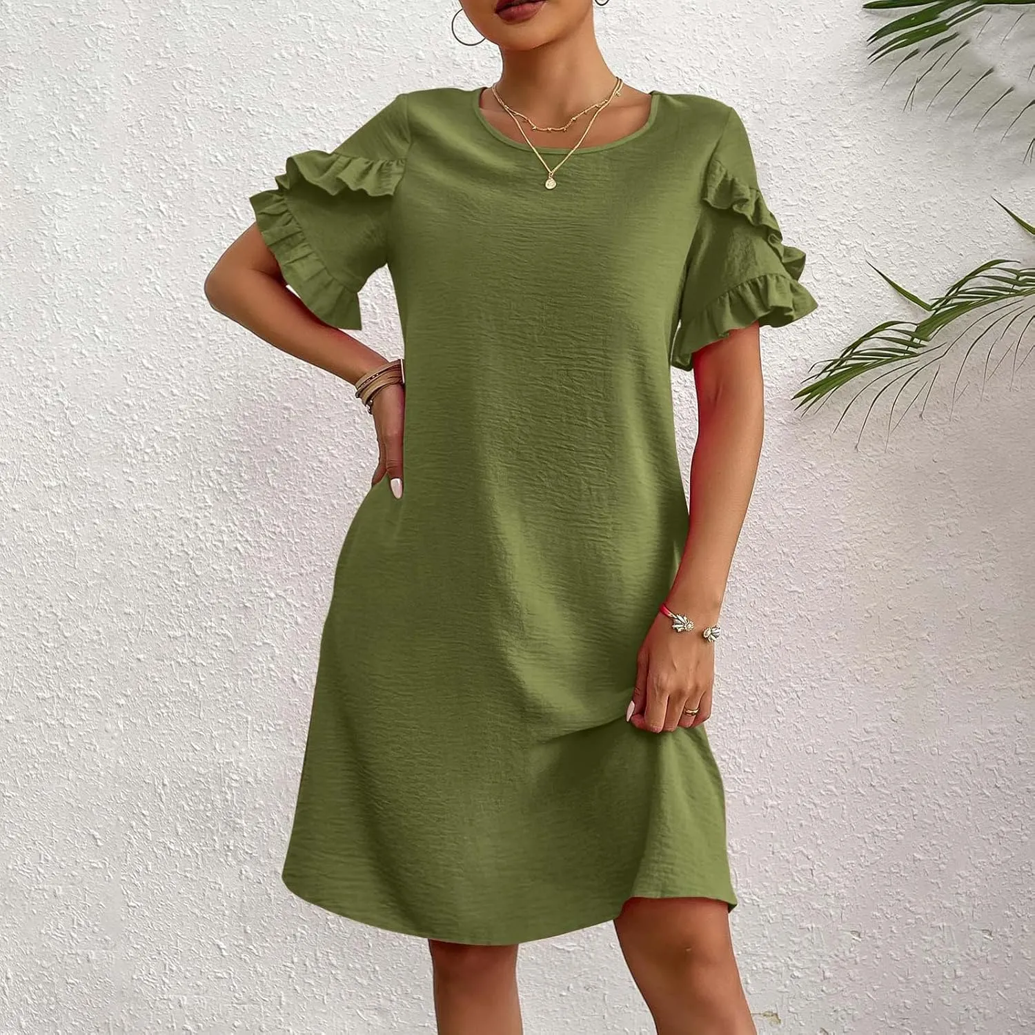 Womens Summer Dresses Trendy Ruffle Edge Short Sleeve Boho Mini Dress Elegant Crewneck Party Club Mini Dress 2024