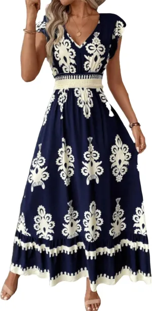Womens Summer Maxi Dress V Neck Boho Floral Print Short Sleeve A Line Dresses Casual Flowy Vacation Beach Swing Dress