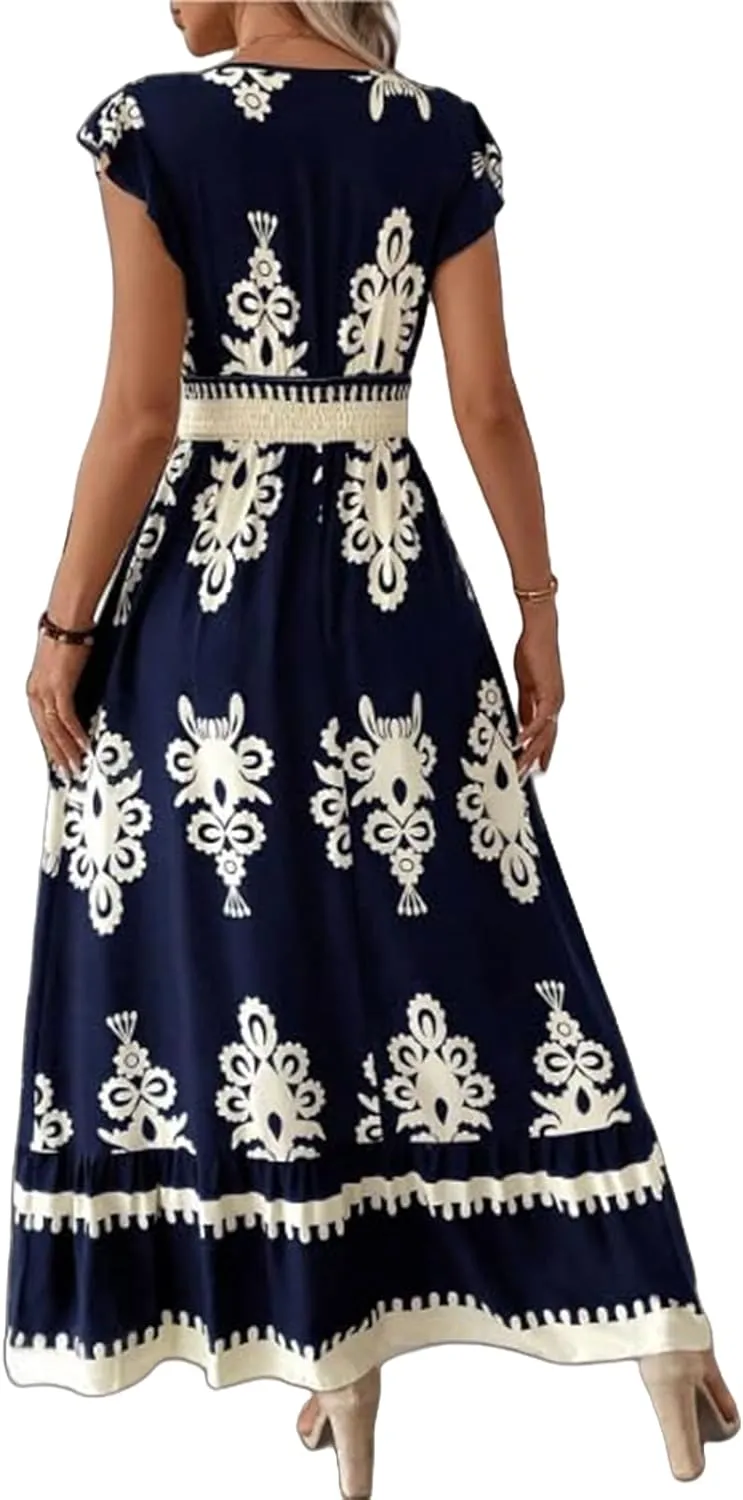 Womens Summer Maxi Dress V Neck Boho Floral Print Short Sleeve A Line Dresses Casual Flowy Vacation Beach Swing Dress