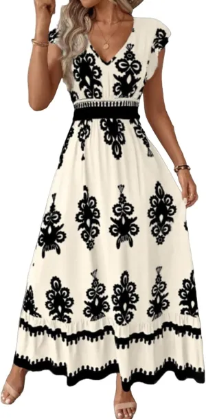 Womens Summer Maxi Dress V Neck Boho Floral Print Short Sleeve A Line Dresses Casual Flowy Vacation Beach Swing Dress