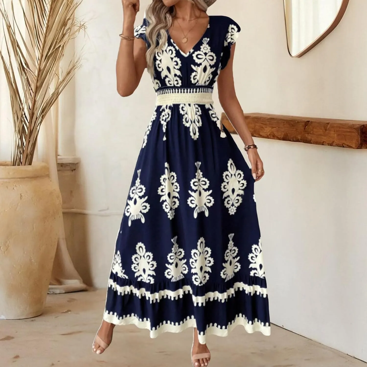 Womens Summer Maxi Dress V Neck Boho Floral Print Short Sleeve A Line Dresses Casual Flowy Vacation Beach Swing Dress