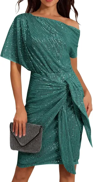 Women's Summer Sexy Elegant Trendy Cold One Shoulder Short Sleeve Sequins Solid Color Prom Party Cocktail Midi Dresses