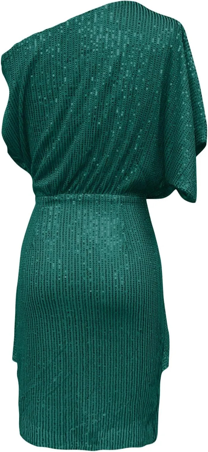 Women's Summer Sexy Elegant Trendy Cold One Shoulder Short Sleeve Sequins Solid Color Prom Party Cocktail Midi Dresses